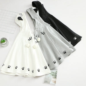 Harajuku Black Gray White Cat Hooded Cloak Coat-Kawaii Dream