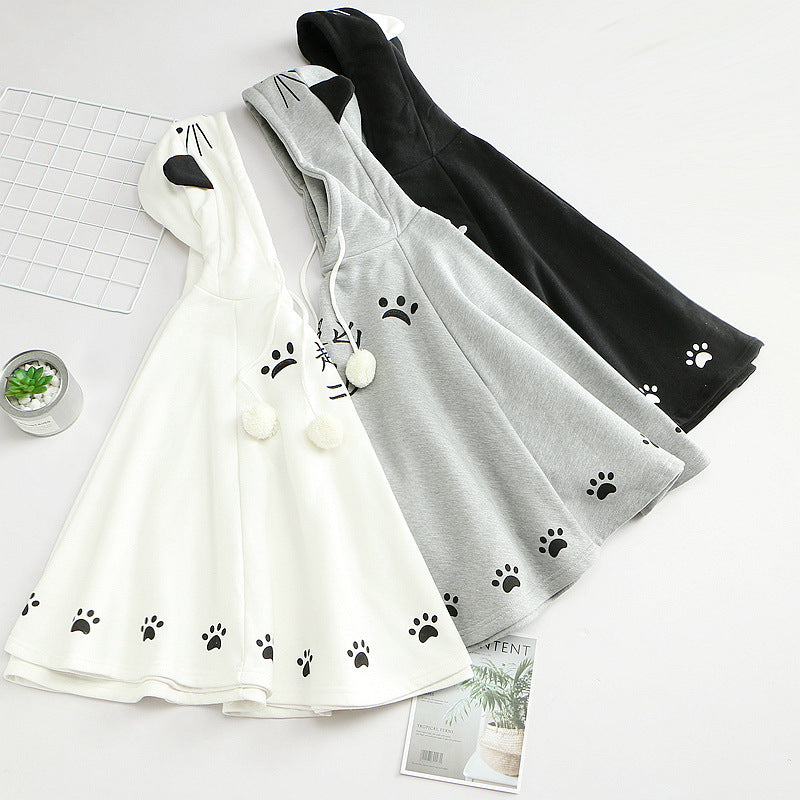 Harajuku Black Gray White Cat Hooded Cloak Coat-Kawaii Dream