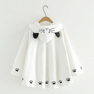 Harajuku Black Gray White Cat Hooded Cloak Coat-Kawaii Dream