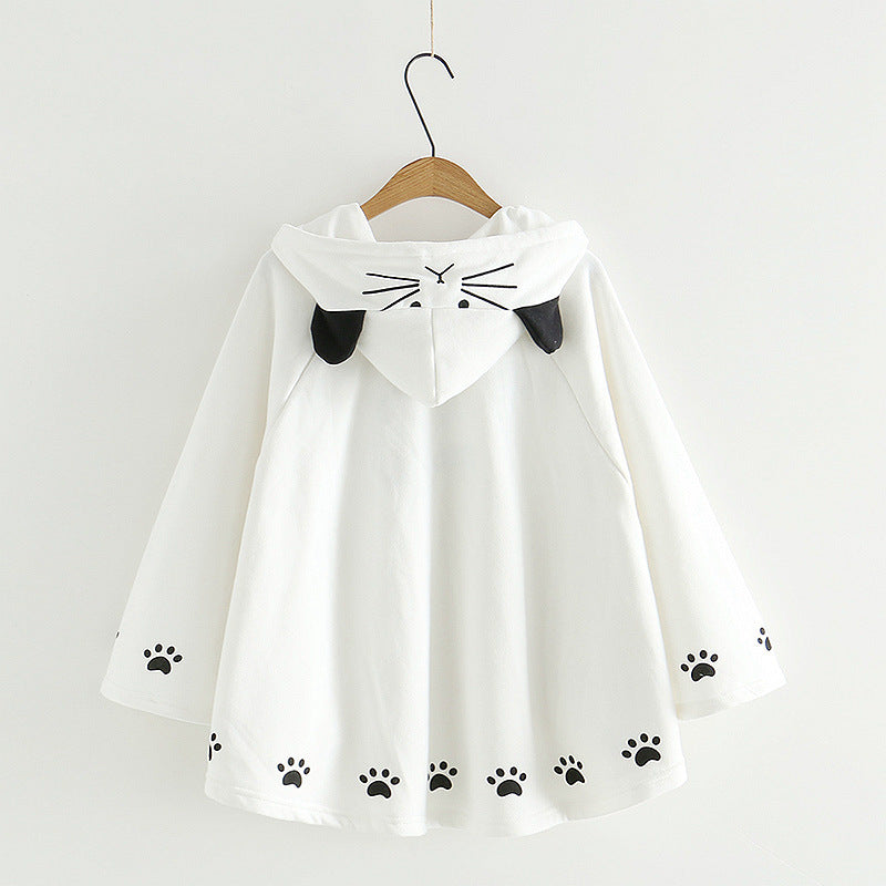 Harajuku Black Gray White Cat Hooded Cloak Coat-Kawaii Dream