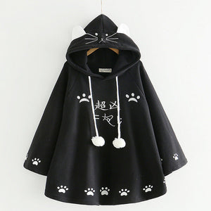 Harajuku Black Gray White Cat Hooded Cloak Coat-Kawaii Dream