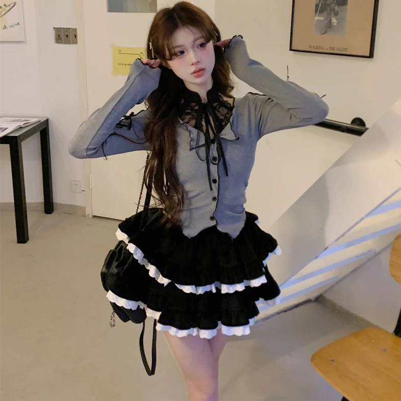 Harajuku Goth Ribbon Skirt Two Piece Set-Kawaii Dream