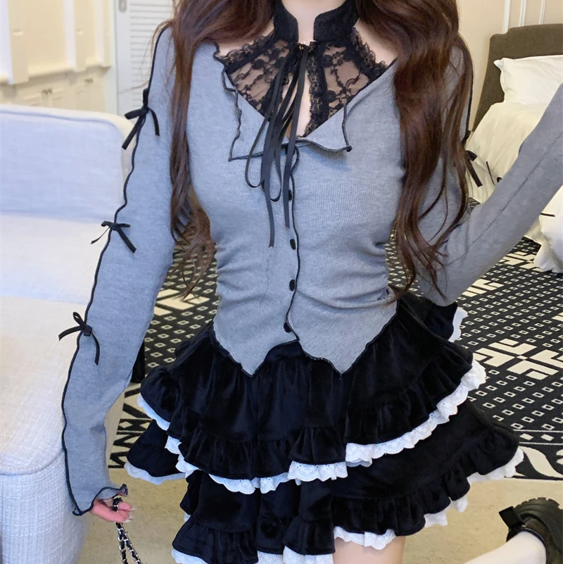 Harajuku Goth Ribbon Skirt Two Piece Set-Kawaii Dream