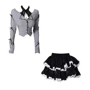 Harajuku Goth Ribbon Skirt Two Piece Set-Kawaii Dream