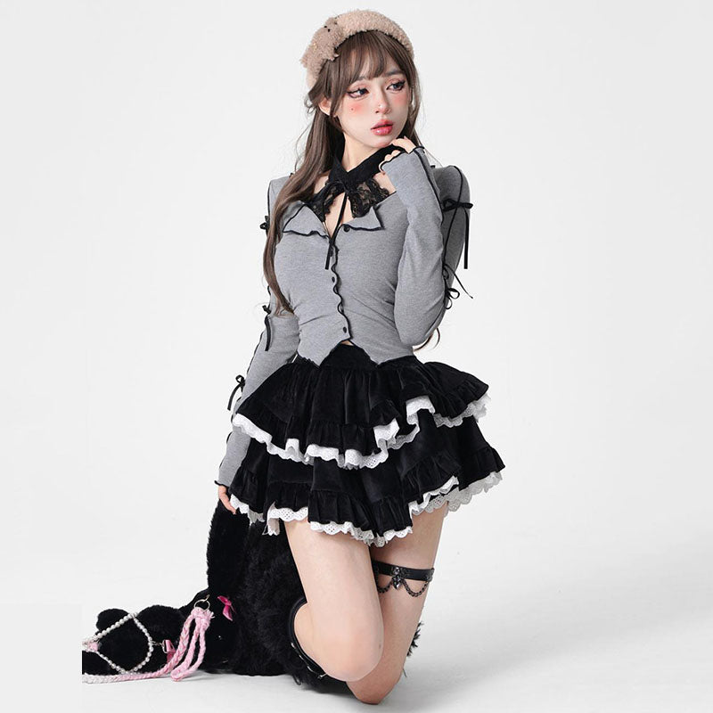 Harajuku Goth Ribbon Skirt Two Piece Set-Kawaii Dream