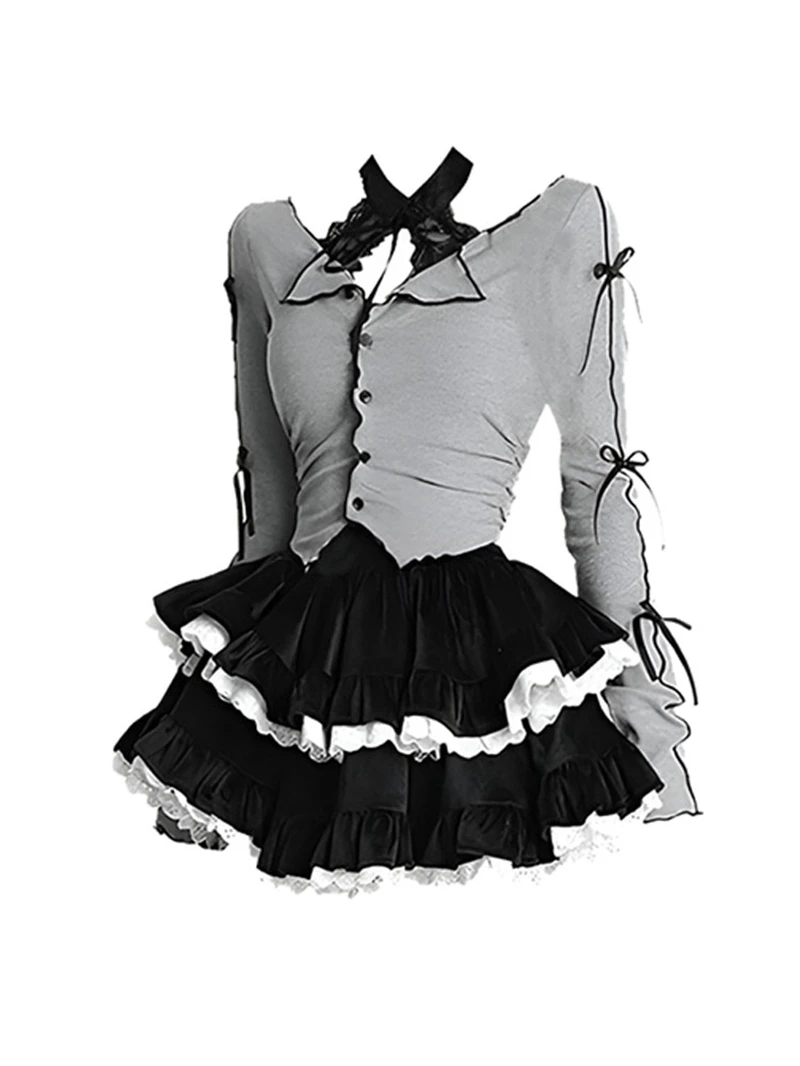 Harajuku Goth Ribbon Skirt Two Piece Set-Kawaii Dream