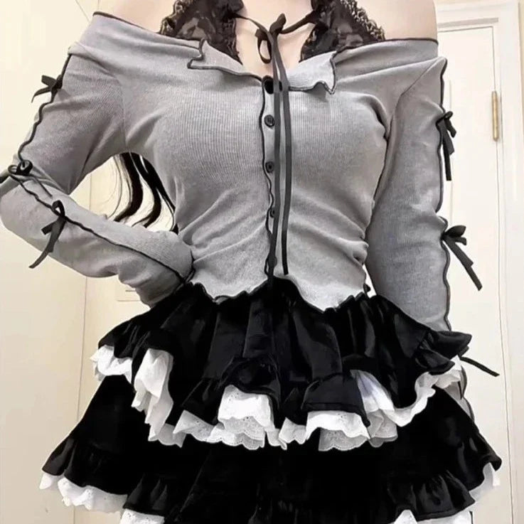 Harajuku Goth Ribbon Skirt Two Piece Set-Kawaii Dream