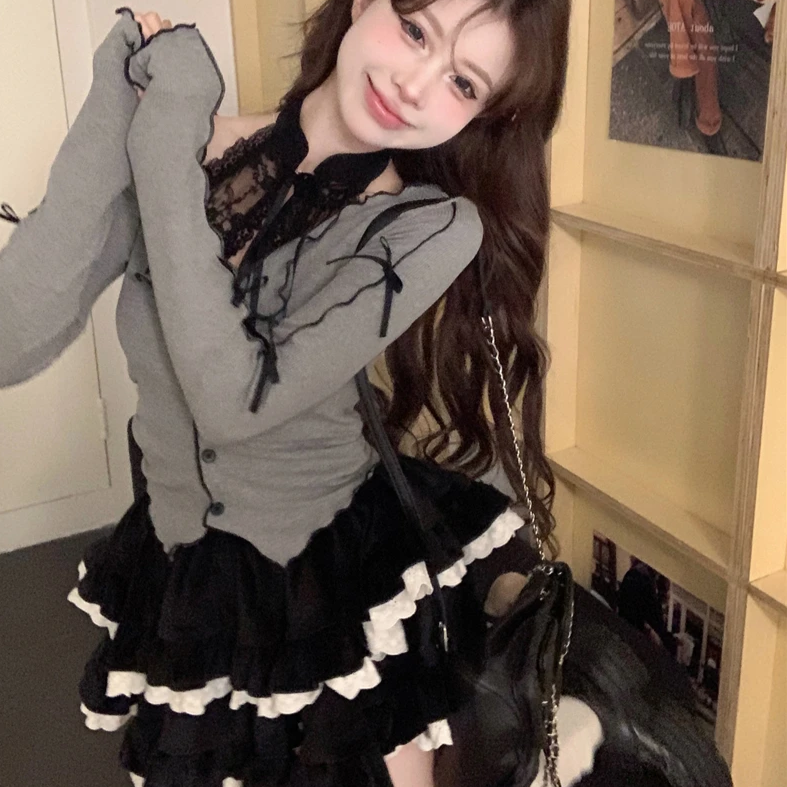 Harajuku Goth Ribbon Skirt Two Piece Set-Kawaii Dream