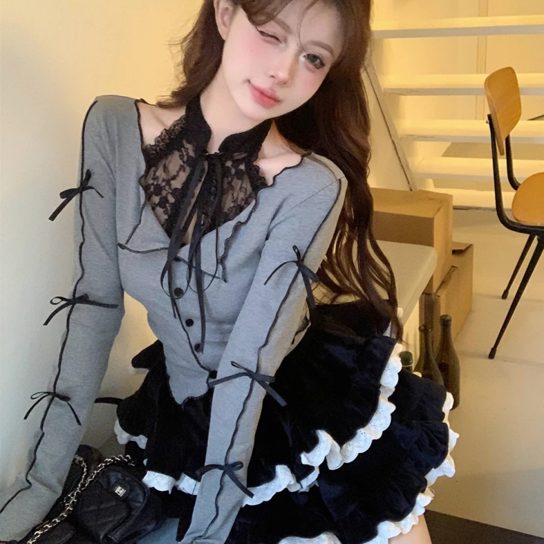 Harajuku Goth Ribbon Skirt Two Piece Set-Kawaii Dream