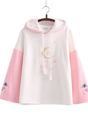 Harajuku Moon Sakura Blue Pink Loose Women's Hoodie-Kawaii Dream