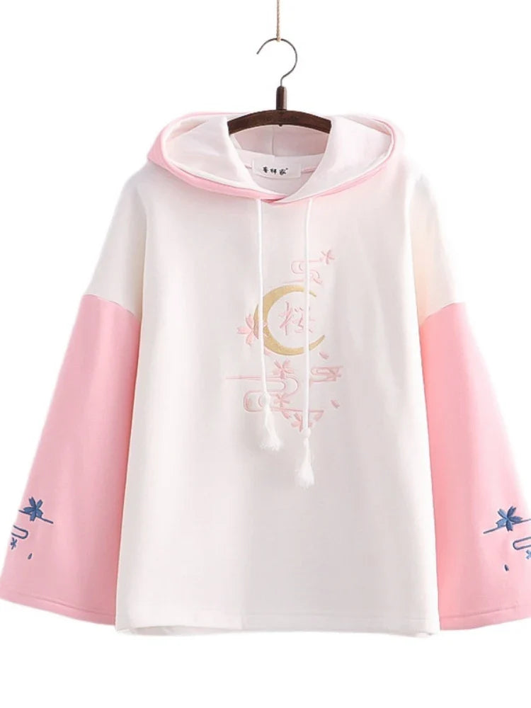 Harajuku Moon Sakura Blue Pink Loose Women's Hoodie-Kawaii Dream
