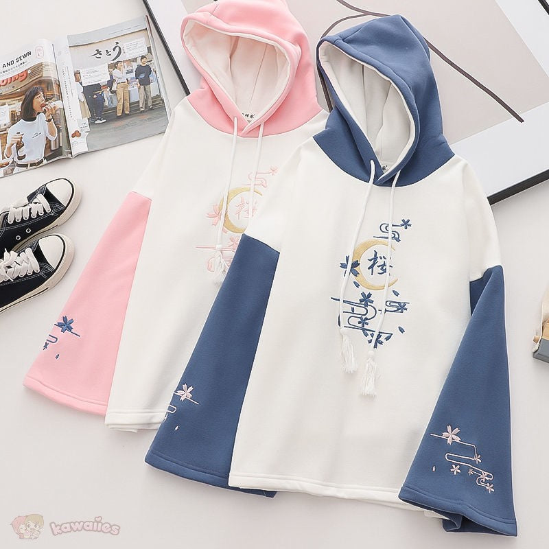 Harajuku Moon Sakura Blue Pink Loose Women's Hoodie-Kawaii Dream