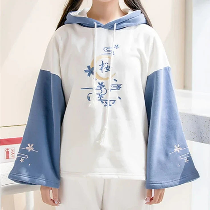 Harajuku Moon Sakura Blue Pink Loose Women's Hoodie-Kawaii Dream