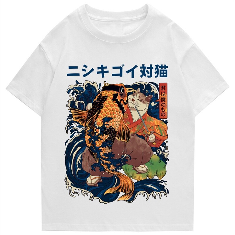 Harajuku Samurai Cat Koi Fish Unisex Tee-Kawaii Dream