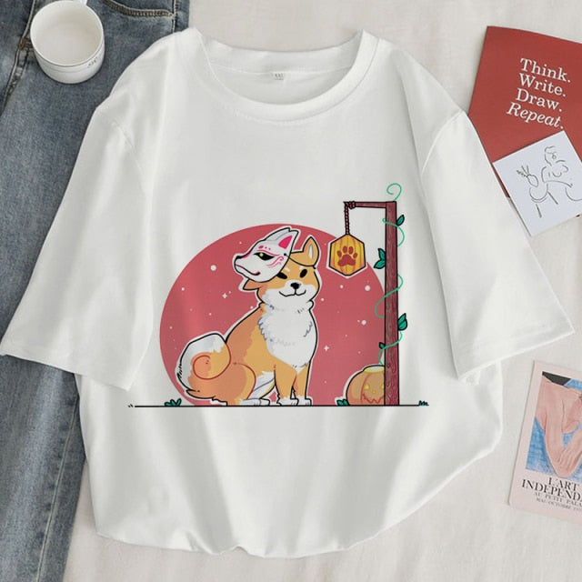 Harajuku Shiba Inu Fox Mask Women's Tee Tops-Kawaii Dream