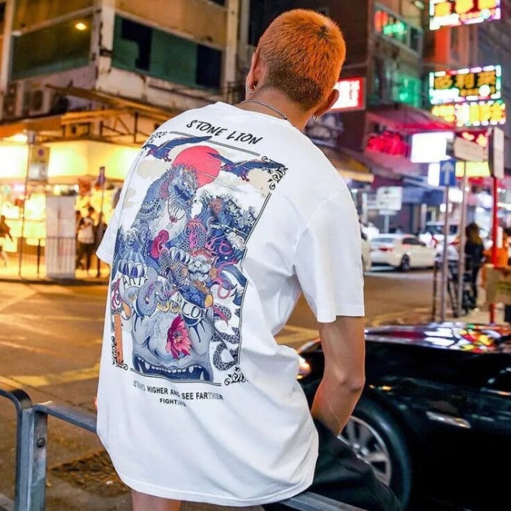 Harajuku Stone Lion Printed Streetwear Unisex Tee-Kawaii Dream