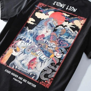 Harajuku Stone Lion Printed Streetwear Unisex Tee-Kawaii Dream