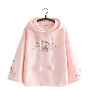 Harajuku White Pink Bunny Sakura Embroidery Hoodie-Kawaii Dream