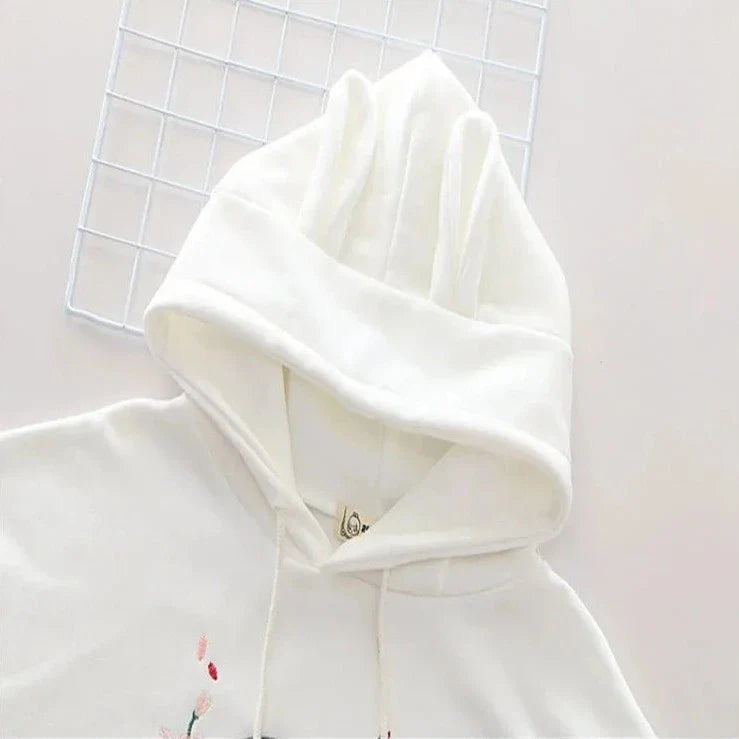 Harajuku White Pink Bunny Sakura Embroidery Hoodie-Kawaii Dream