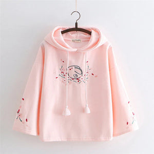 Harajuku White Pink Bunny Sakura Embroidery Hoodie-Kawaii Dream