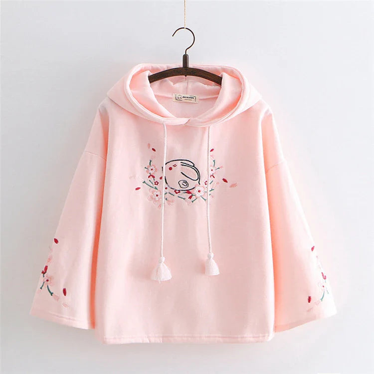 Harajuku White Pink Bunny Sakura Embroidery Hoodie-Kawaii Dream
