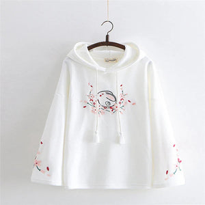 Harajuku White Pink Bunny Sakura Embroidery Hoodie-Kawaii Dream