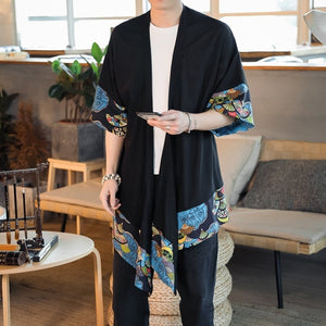 Japanese Blue Fans Black Men's Haori Yukata Kimono Jacket-Kawaii Dream