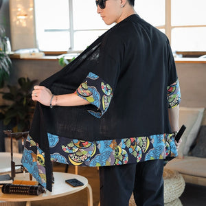 Japanese Blue Fans Black Men's Haori Yukata Kimono Jacket-Kawaii Dream