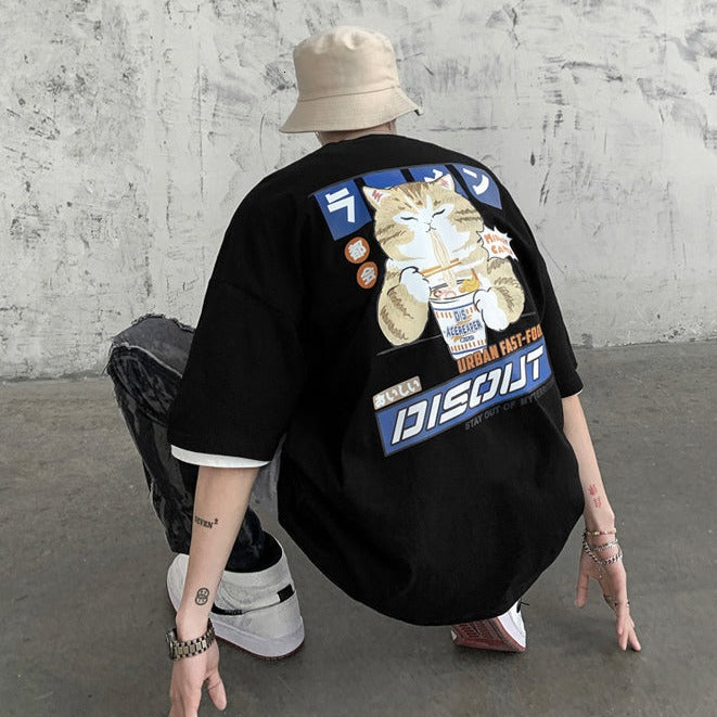 Japanese Cartoon Cat Ramen Oversized Men's Tee Top-Kawaii Dream
