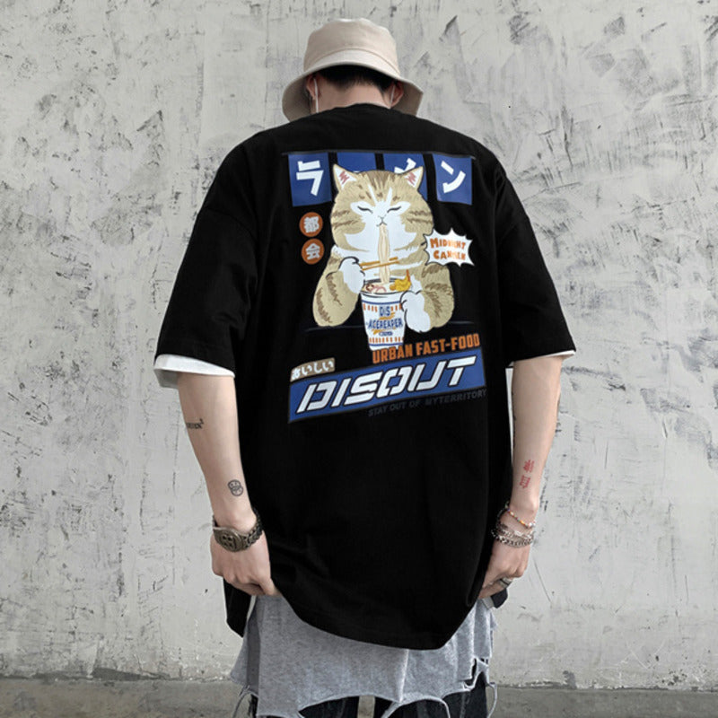 Japanese Cartoon Cat Ramen Oversized Men's Tee Top-Kawaii Dream