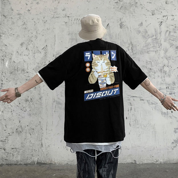 Japanese Cartoon Cat Ramen Oversized Men's Tee Top-Kawaii Dream
