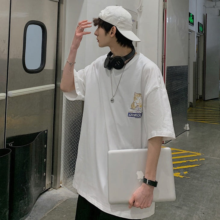 Japanese Cartoon Cat Ramen Oversized Men's Tee Top-Kawaii Dream