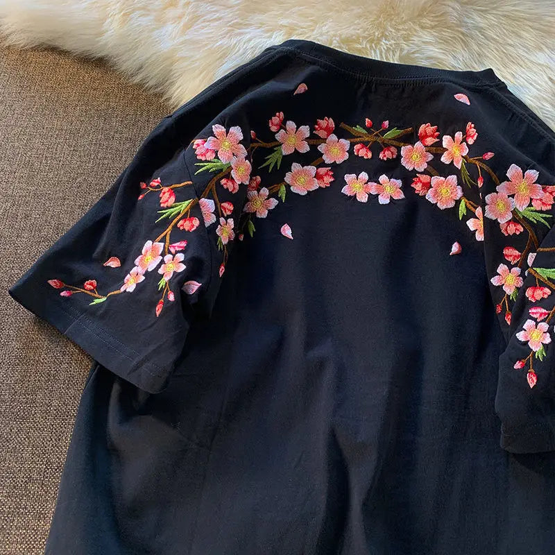Japanese Cherry Blossoms Embroidery Tee-Kawaii Dream