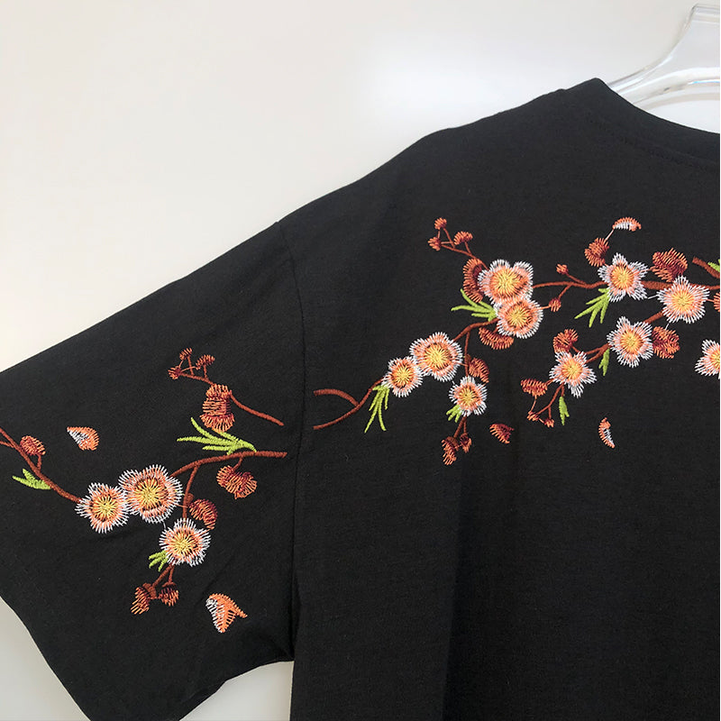 Japanese Cherry Blossoms Embroidery Tee-Kawaii Dream