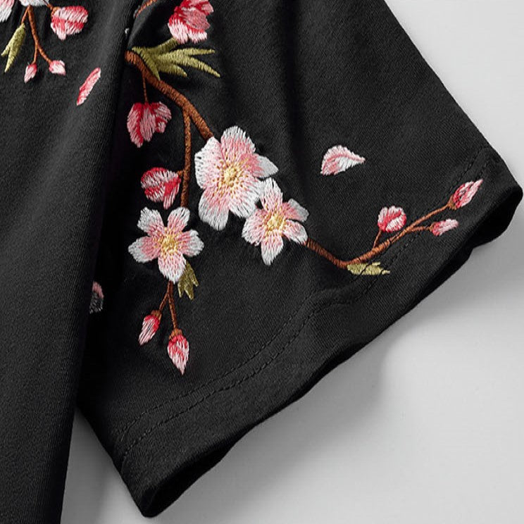 Japanese Cherry Blossoms Embroidery Tee-Kawaii Dream