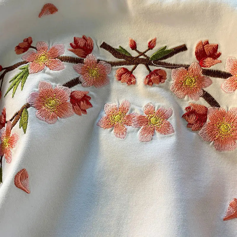 Japanese Cherry Blossoms Embroidery Tee-Kawaii Dream