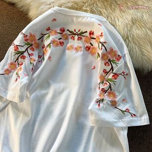 Japanese Cherry Blossoms Embroidery Tee-Kawaii Dream