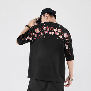 Japanese Cherry Blossoms Embroidery Tee-Kawaii Dream
