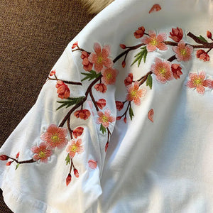 Japanese Cherry Blossoms Embroidery Tee-Kawaii Dream
