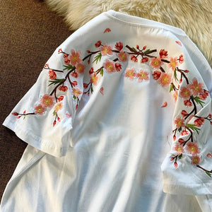 Japanese Cherry Blossoms Embroidery Tee-Kawaii Dream
