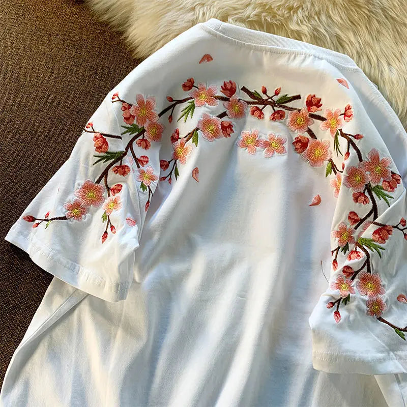 Japanese Cherry Blossoms Embroidery Tee-Kawaii Dream