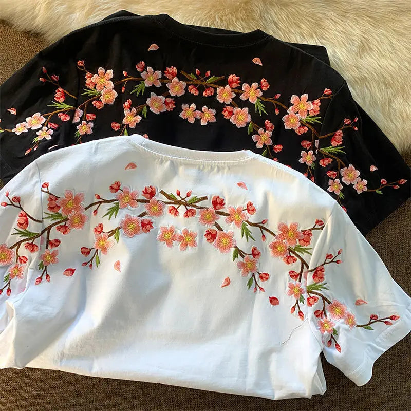 Japanese Cherry Blossoms Embroidery Tee-Kawaii Dream