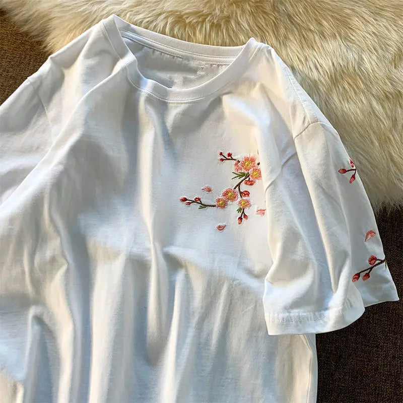 Japanese Cherry Blossoms Embroidery Tee-Kawaii Dream