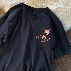 Japanese Cherry Blossoms Embroidery Tee-Kawaii Dream
