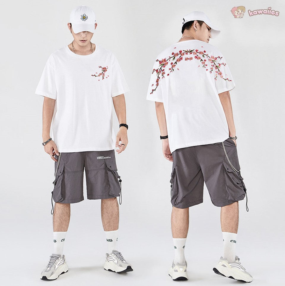 Japanese Cherry Blossoms Embroidery Tee-Kawaii Dream