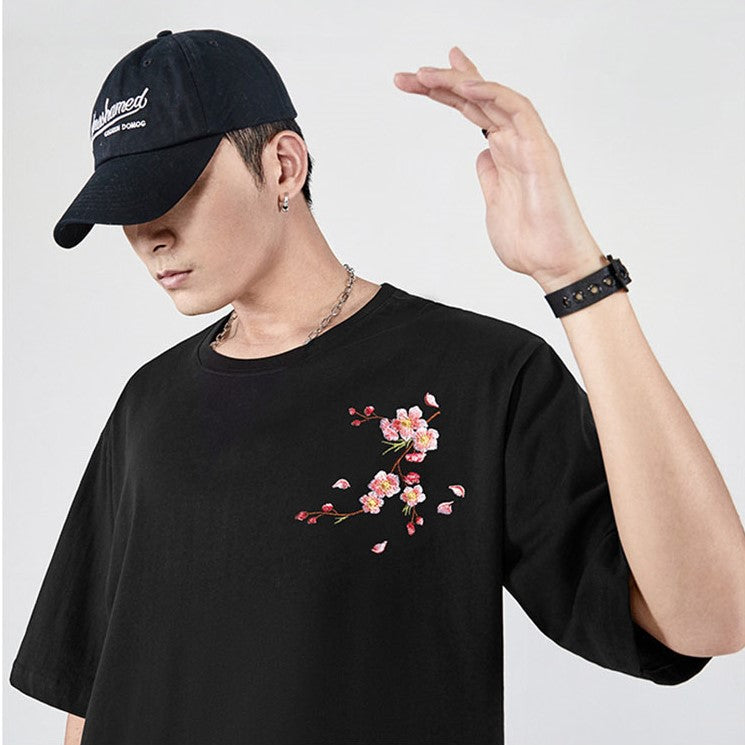 Japanese Cherry Blossoms Embroidery Tee-Kawaii Dream