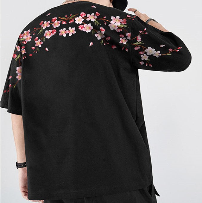 Japanese Cherry Blossoms Embroidery Tee-Kawaii Dream