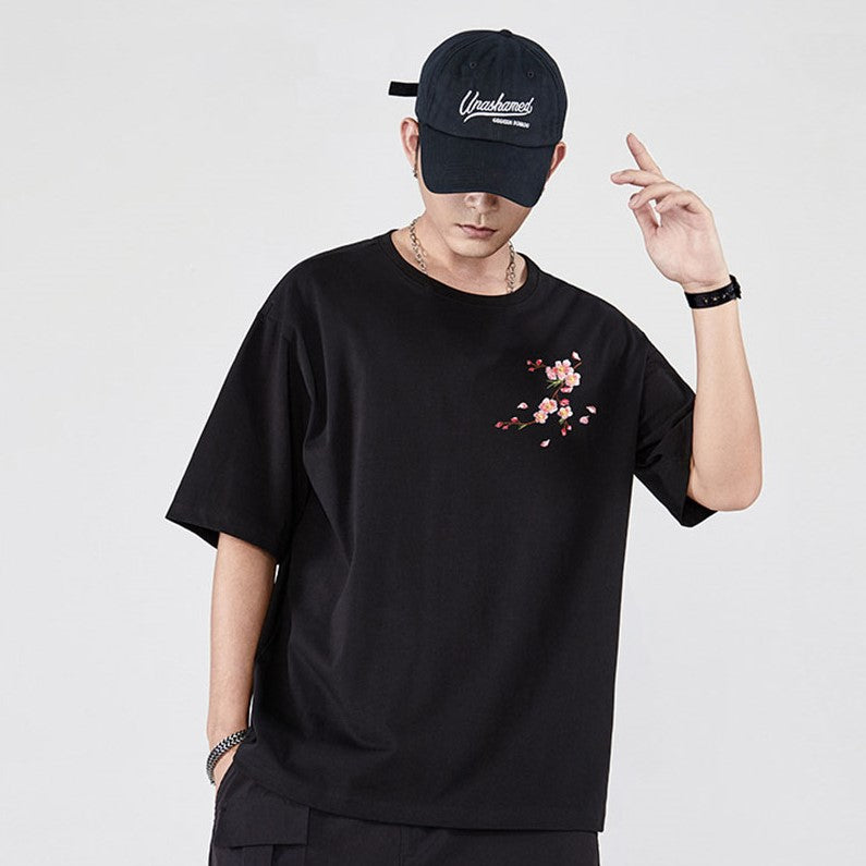 Japanese Cherry Blossoms Embroidery Tee-Kawaii Dream