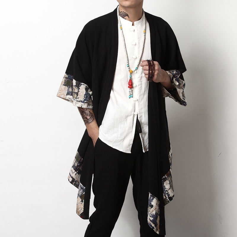 Japanese Collage Paint Black Men's Yukata Kimono Jacket-Kawaii Dream