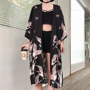 Japanese Crane Print Long Kimono-Kawaii Dream